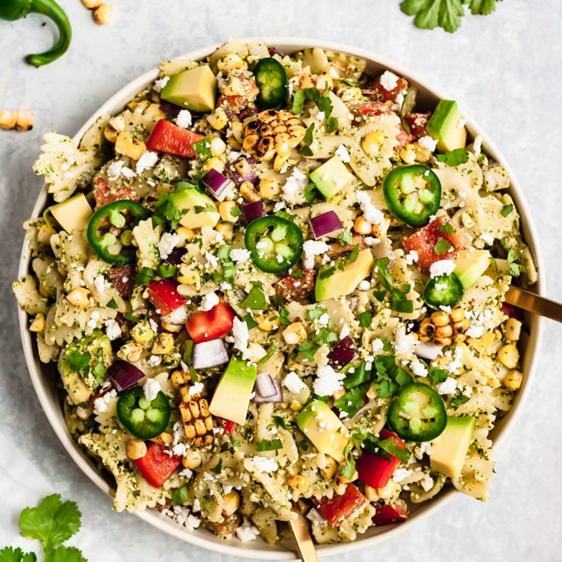 Street Corn Pasta Salad with Cilantro Pesto & Goat Cheese