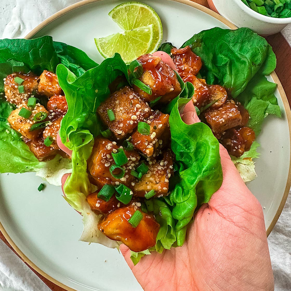 Sticky Sesame Gochujang Tofu Carrot Lettuce Wraps