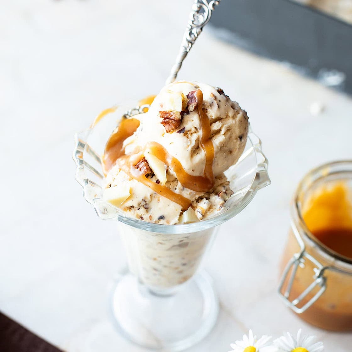 Roasted Pecan Ice Cream with Salted Caramel Swirls