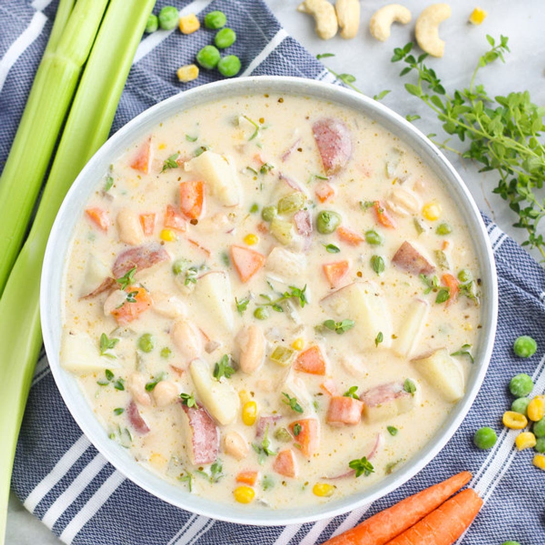 Creamy Vegan Cashew, Potato & White Bean Soup with Mixed Vegetables