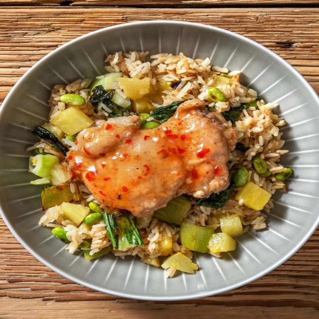 Sweet and Sour Chicken Bowl with Jasmine Rice and Pineapple Stir-Fry