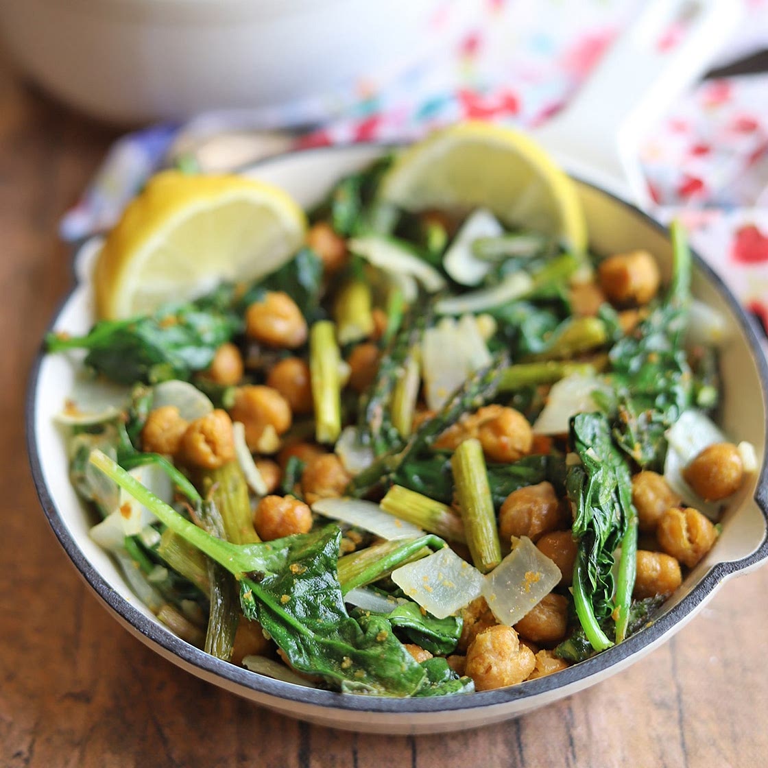 Roasted asparagus & chickpeas with sautéed spinach
