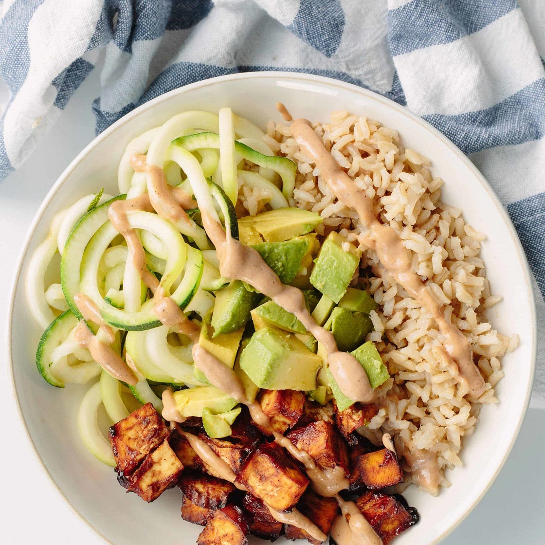 BBQ Baked Tofu and Brown Rice Bowls with Zucchini Noodles
