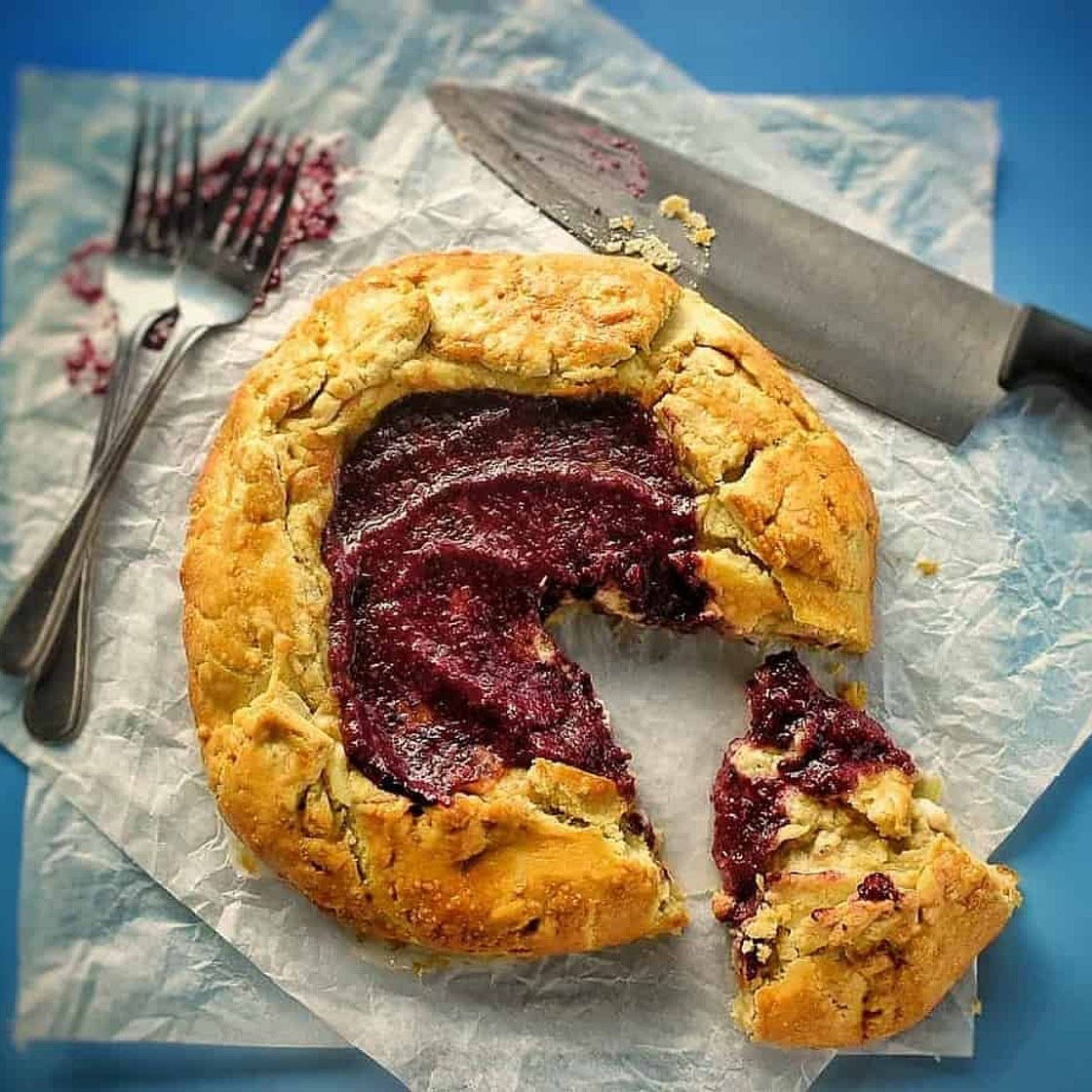 Whipped feta, onion and spicy blueberry chutney galette