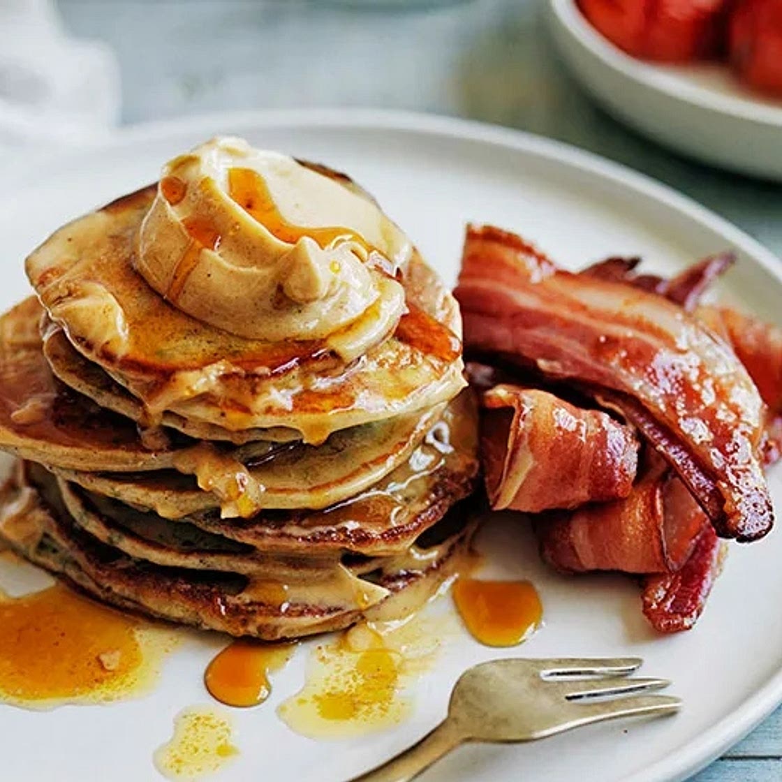 Buckwheat pikelets with bacon and maple butter