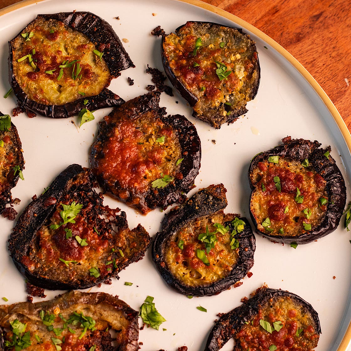 Crispy Baked Smashed Eggplant Parmesan
