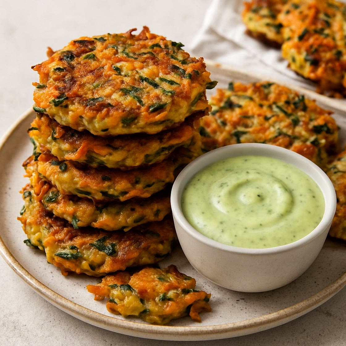 Carrot, Potato and Zucchini Fritters with Avocado Ranch