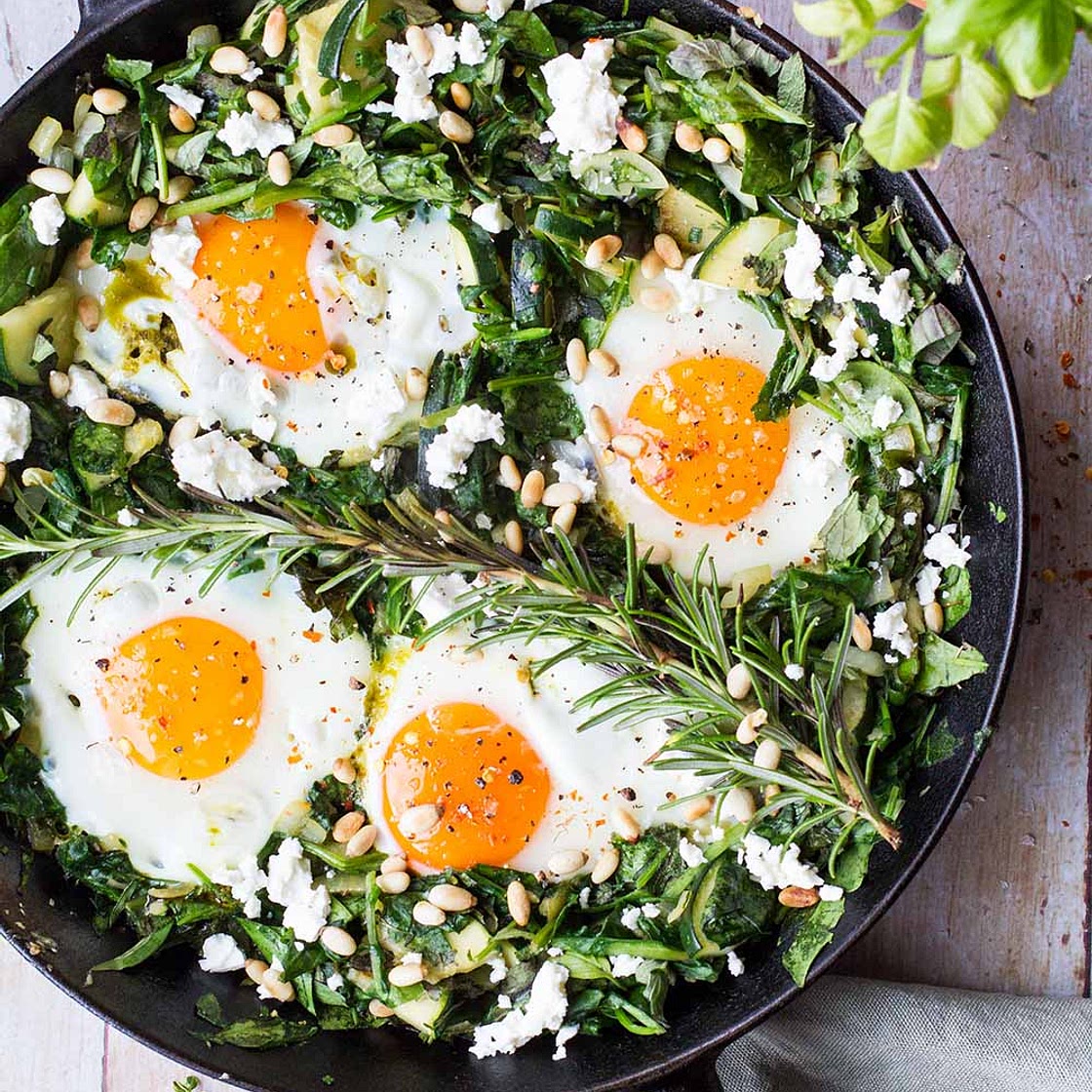 Green Shakshuka with Pesto Eggs and Feta