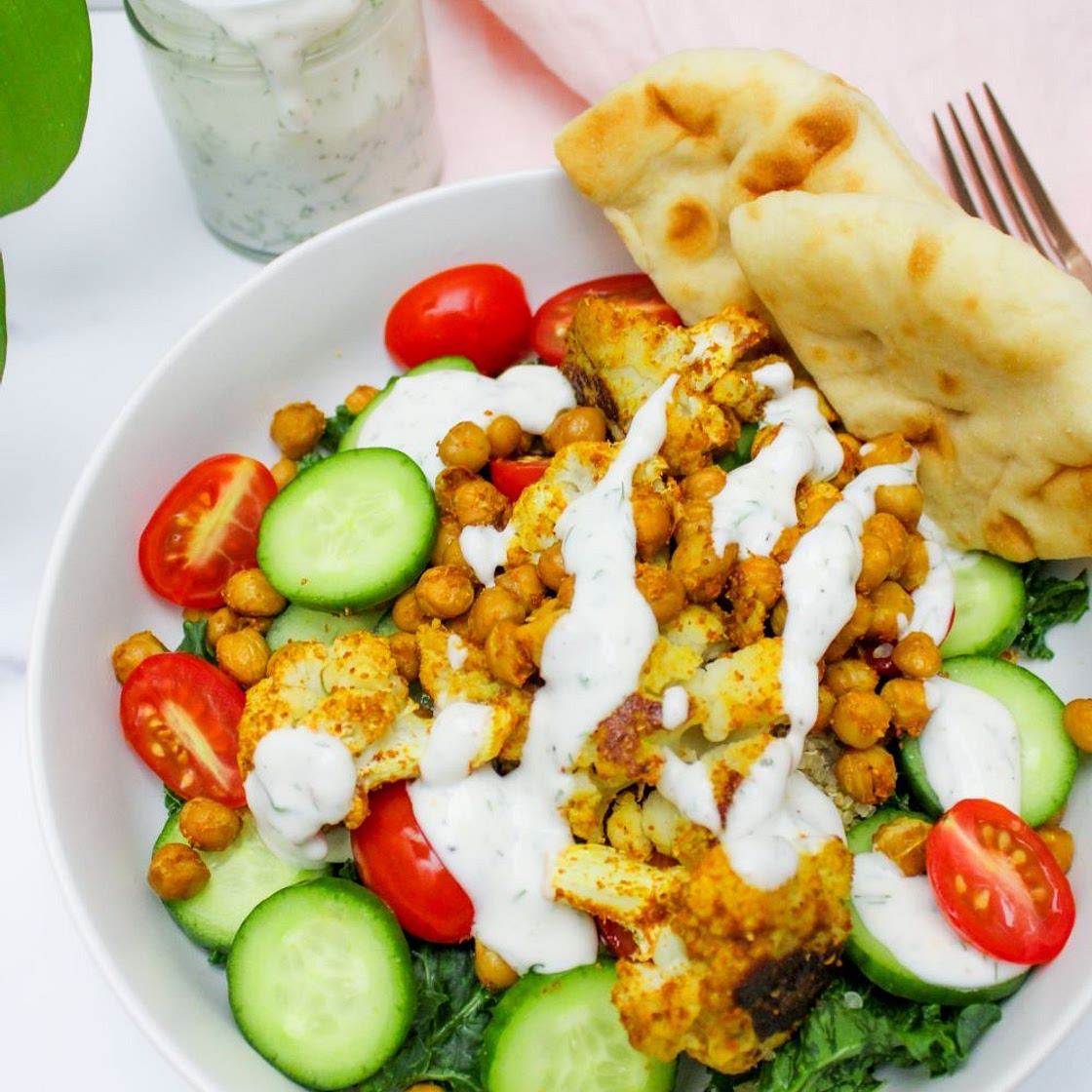 Shawarma Cauliflower Bowl with Lemon Dill Yogurt Sauce (Vegan)