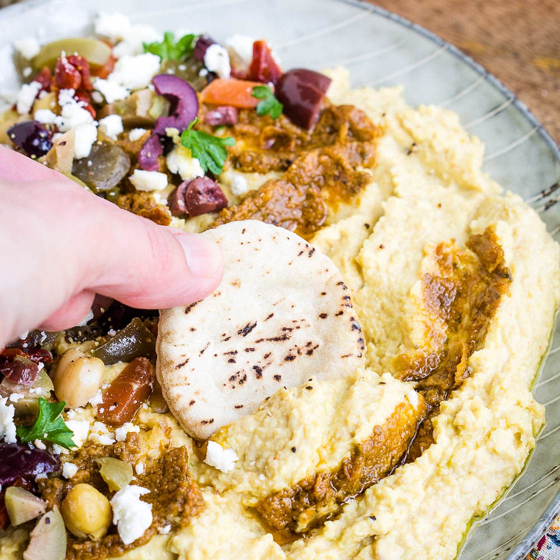 PICKLED VEGGIE AND TOMATO PESTO LOADED HUMMUS