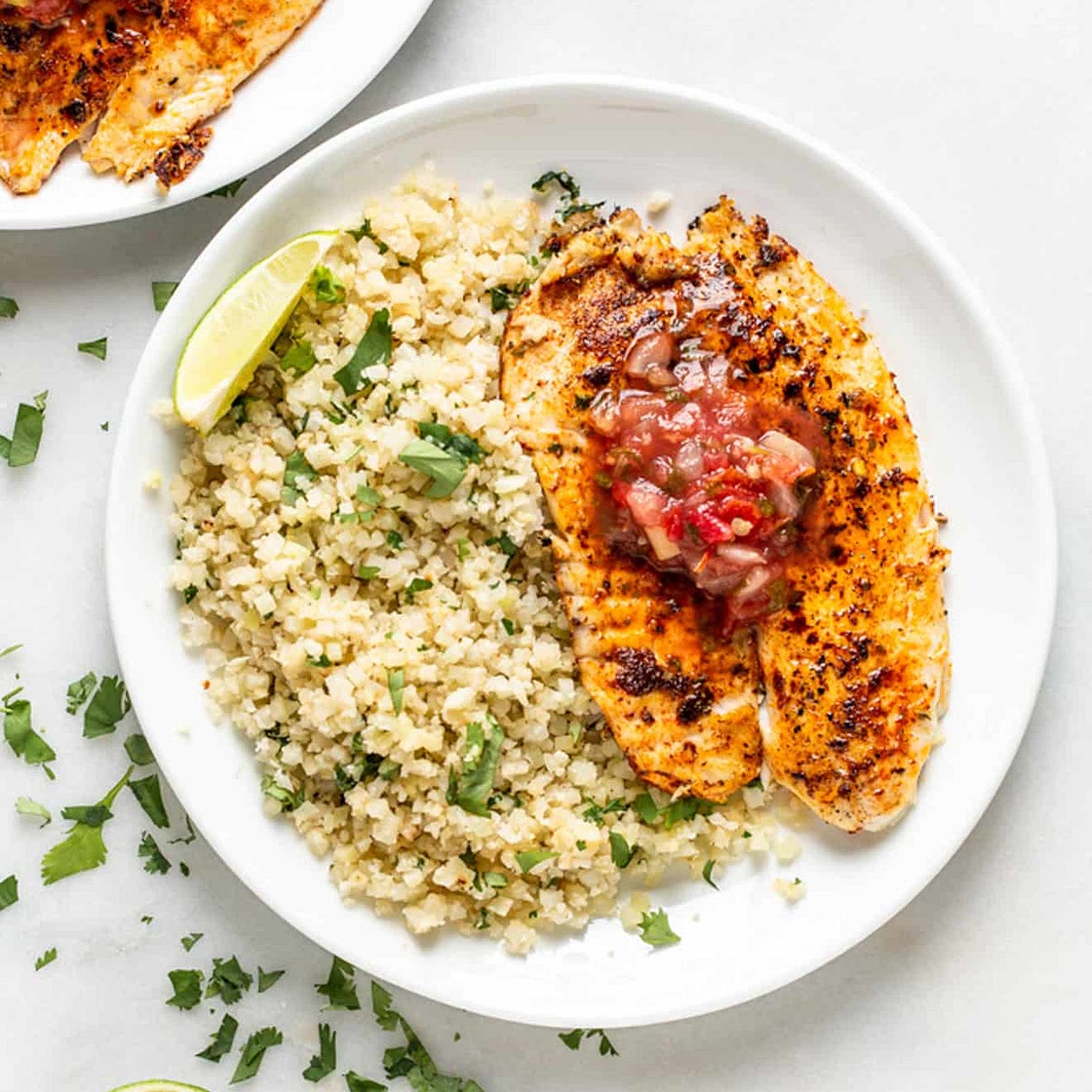Blackened Tilapia + Cilantro Lime Cauliflower Rice