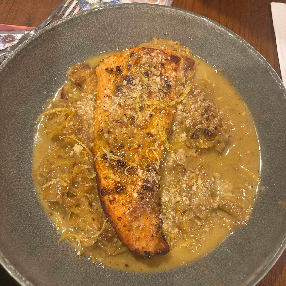 Salmon with spaghetti squash and and caramelized onion sauce