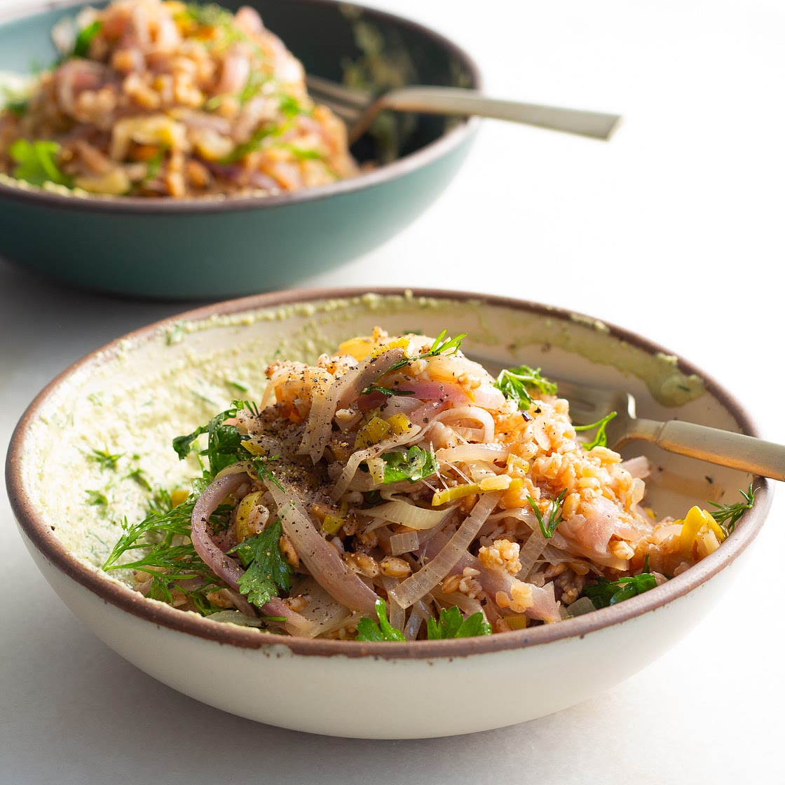 Caramelized Onion Farro with Caramelized Lemon Dressing