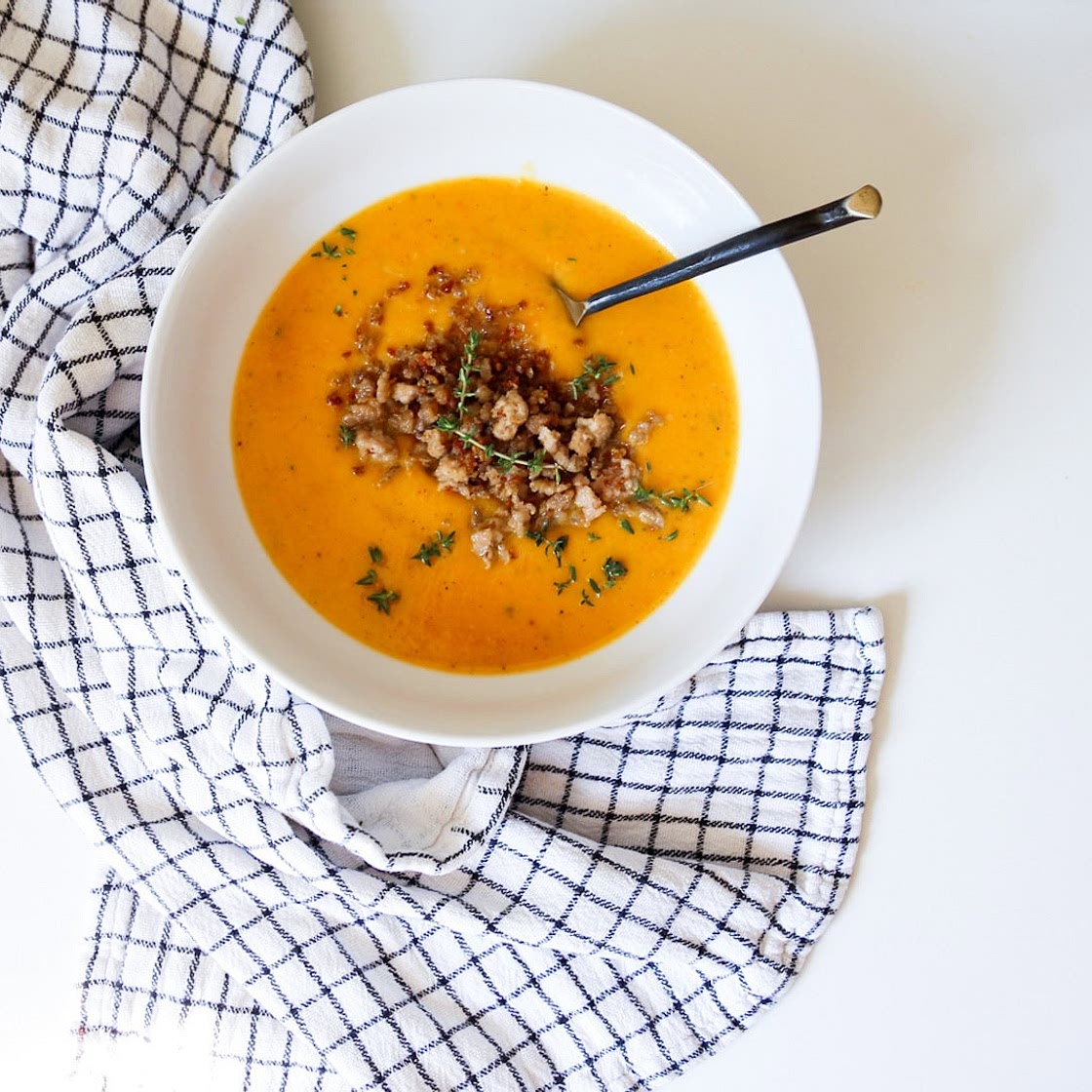 Paleo Butternut Squash Soup with Crispy Pork
