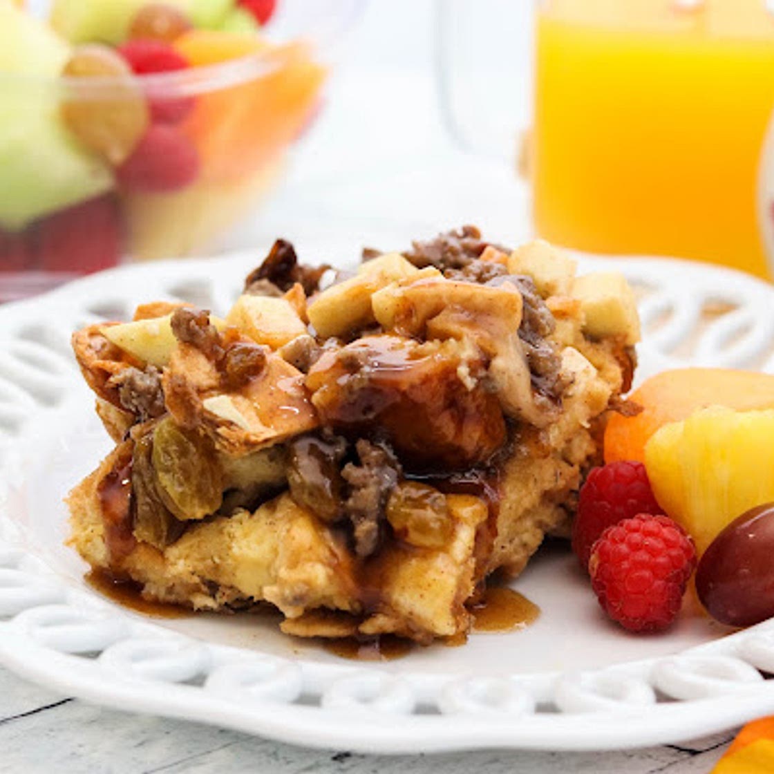 Apple and Sausage French Toast Casserole with Cinnamon Syrup