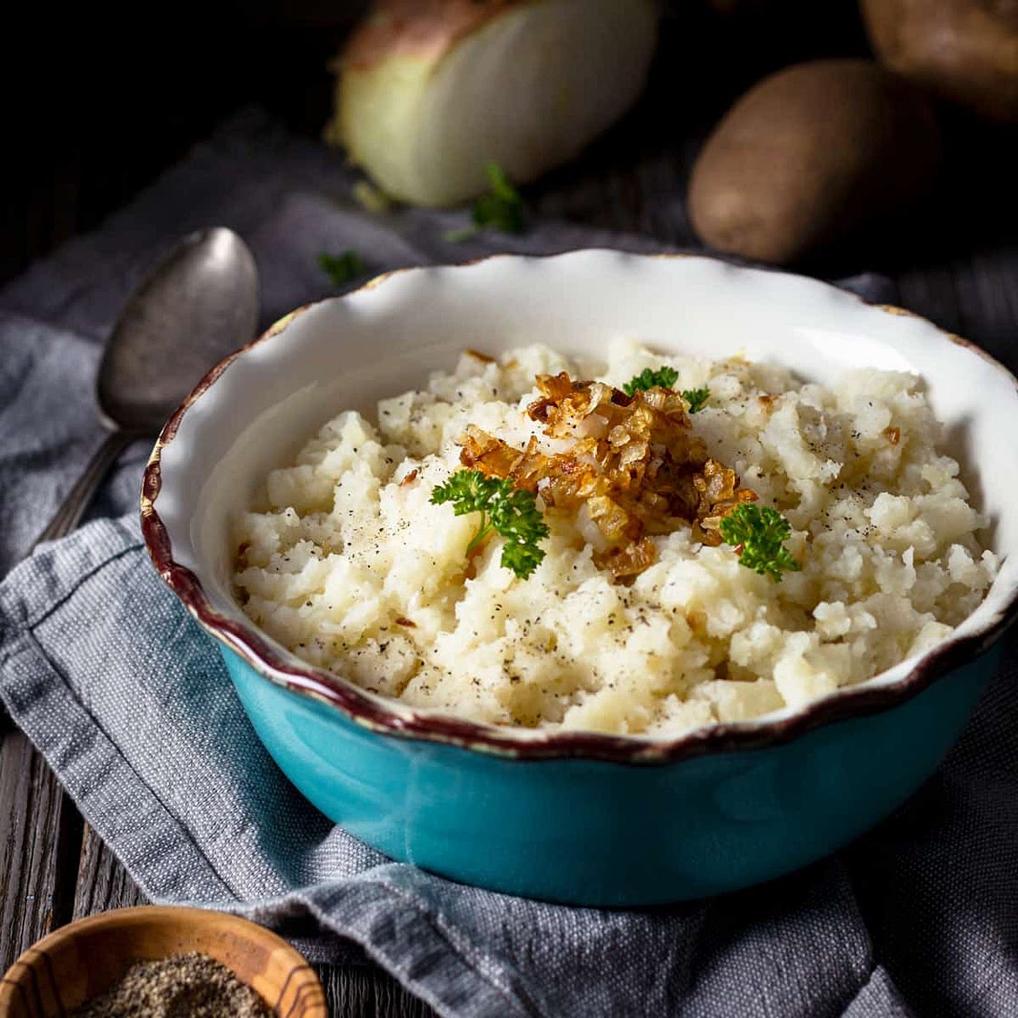 Dairy-Free Mashed Potatoes with Caramelized Onions