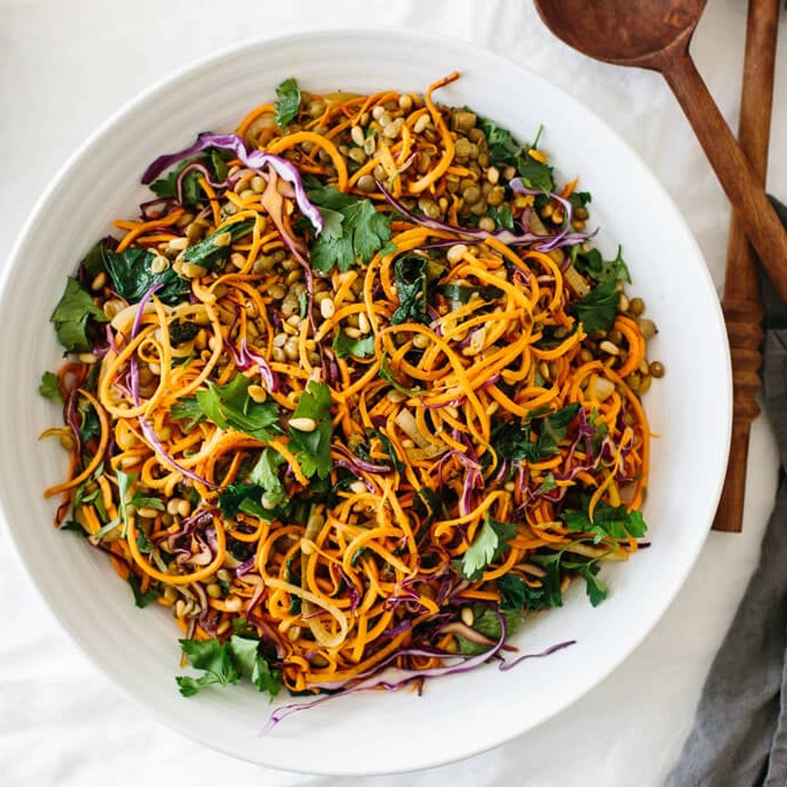 Sweet Potato Noodles Salad with Cabbage and Lentils