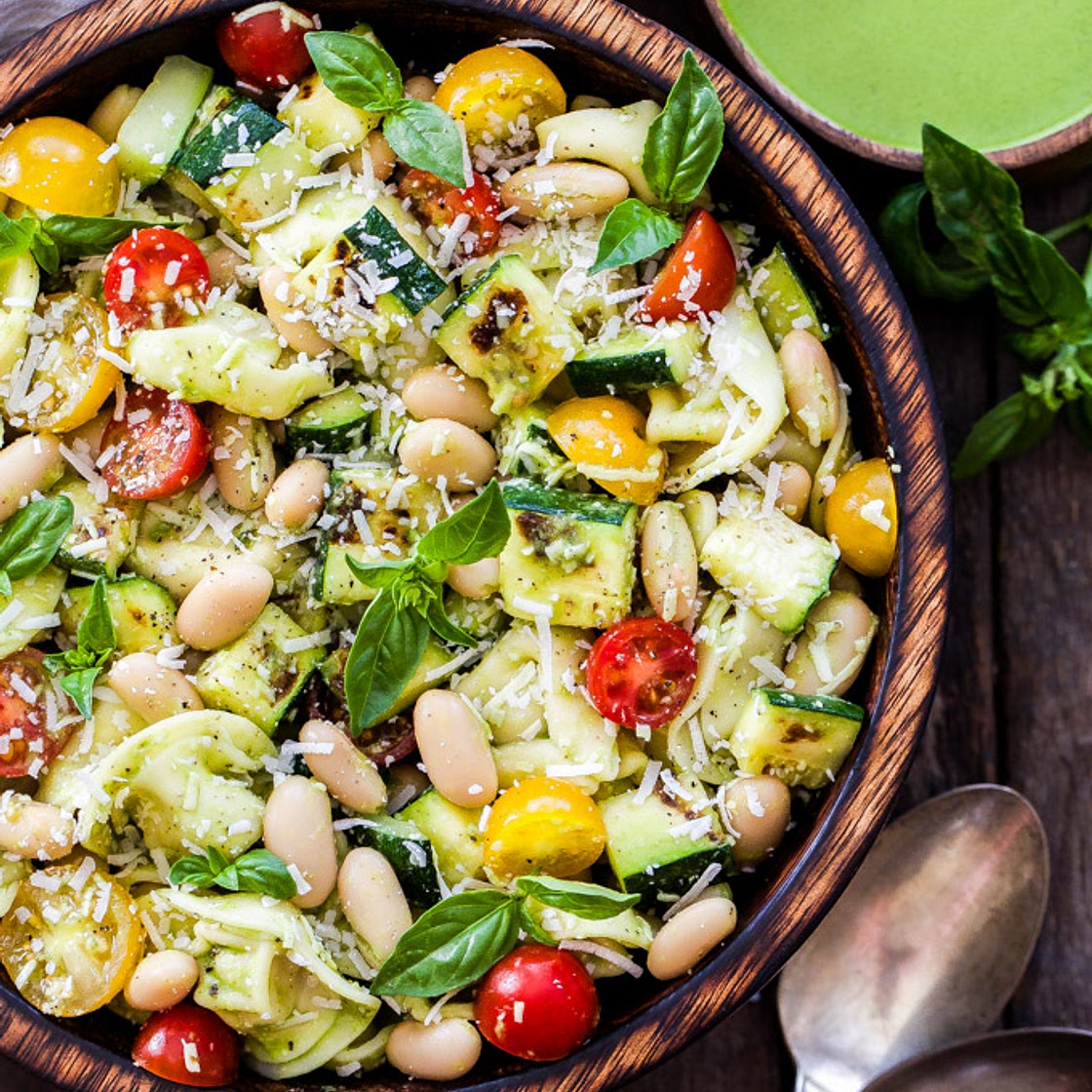 Grilled Zucchini, White Bean, Tomato and Tortellini Pasta Salad