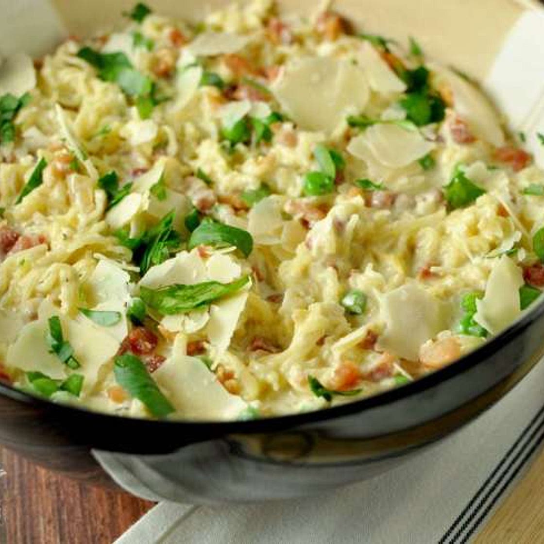 Spaghetti Squash Alfredo with Pancetta and Peas - Low Carb, Gluten Free
