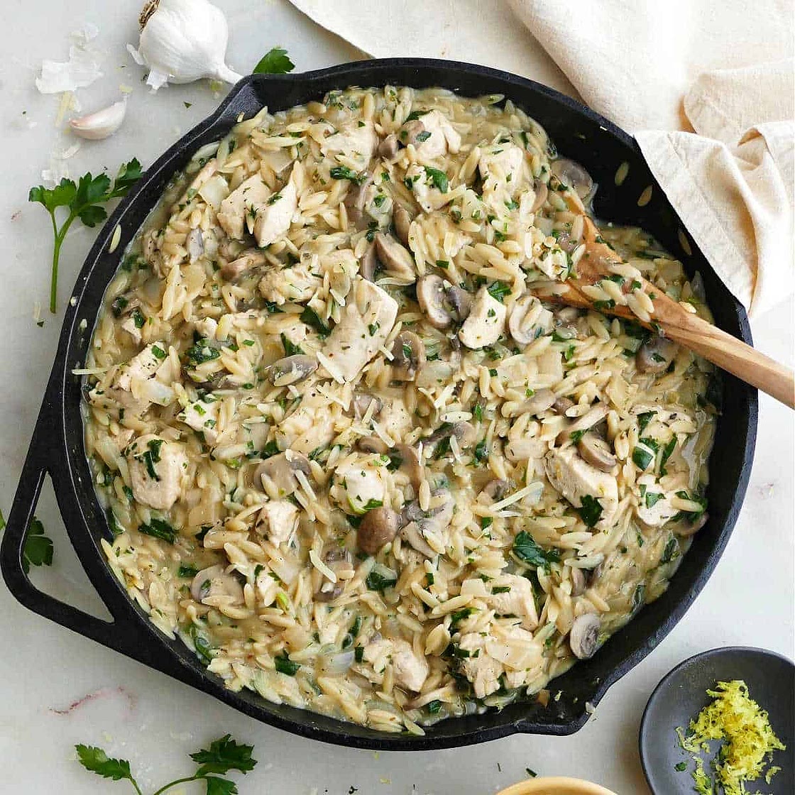 Creamy Chicken Mushroom Orzo Skillet
