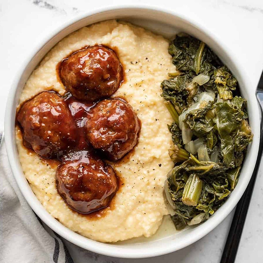 BBQ Meatballs with Cheese Grits