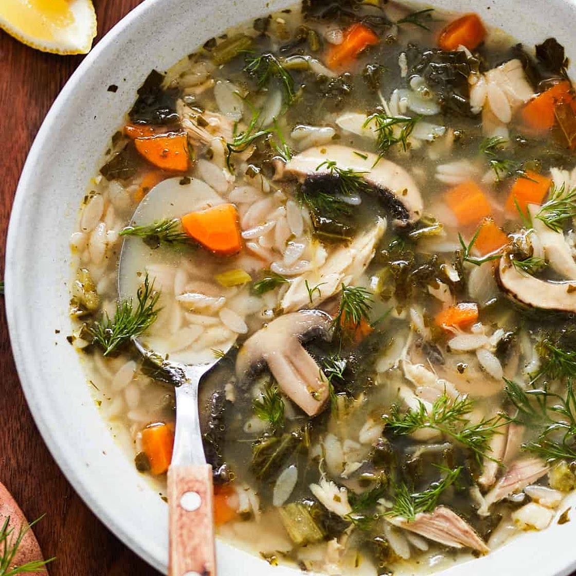 Lemon Chicken Orzo Soup with Mushrooms and Kale