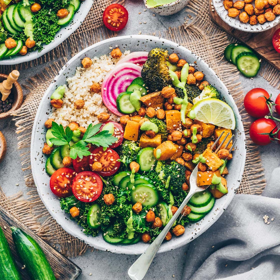 Roasted Sweet Potato Bowl with Crispy Chickpeas, Broccoli and Tahini Sauce