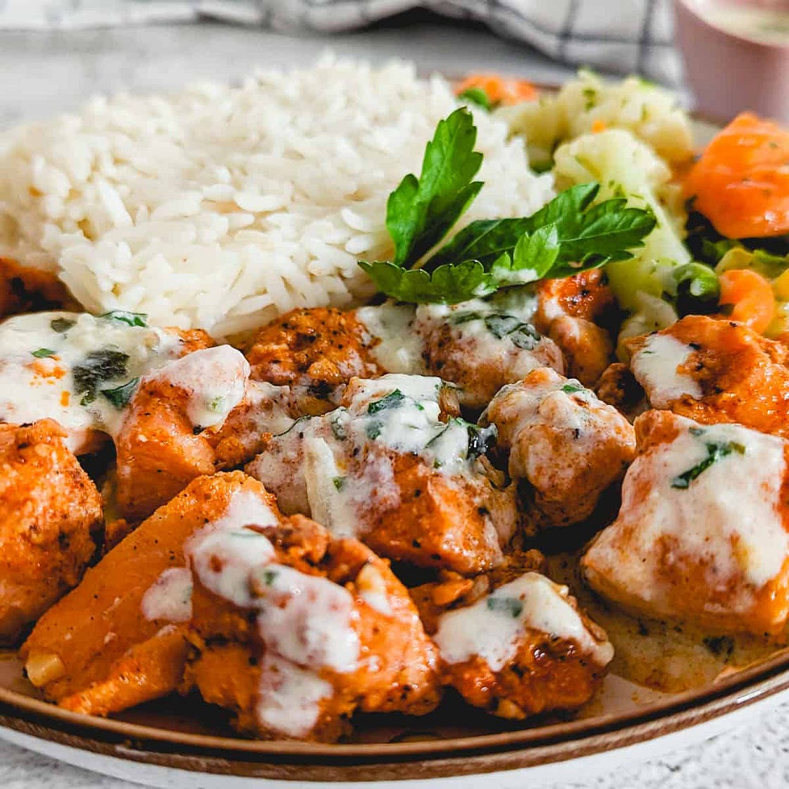 Ninja Air Fryer Salmon Bites with Garlic Cream Sauce