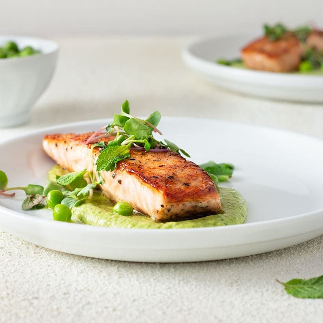 Seared Salmon and Pea Puree with Yogurt & Mint