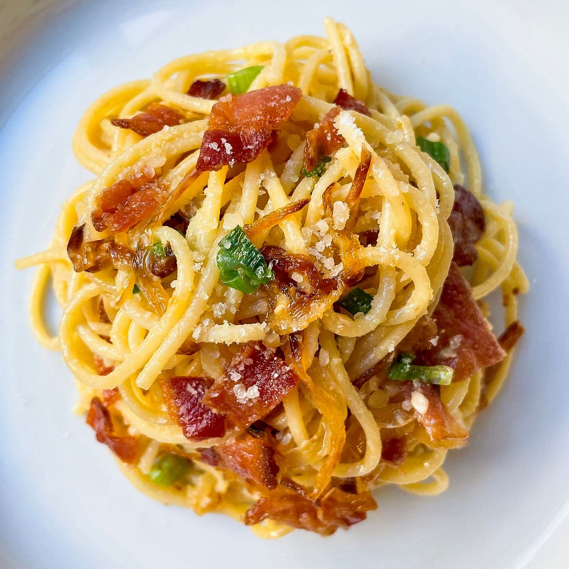 Miso Pasta with Bacon and Caramelized Onions