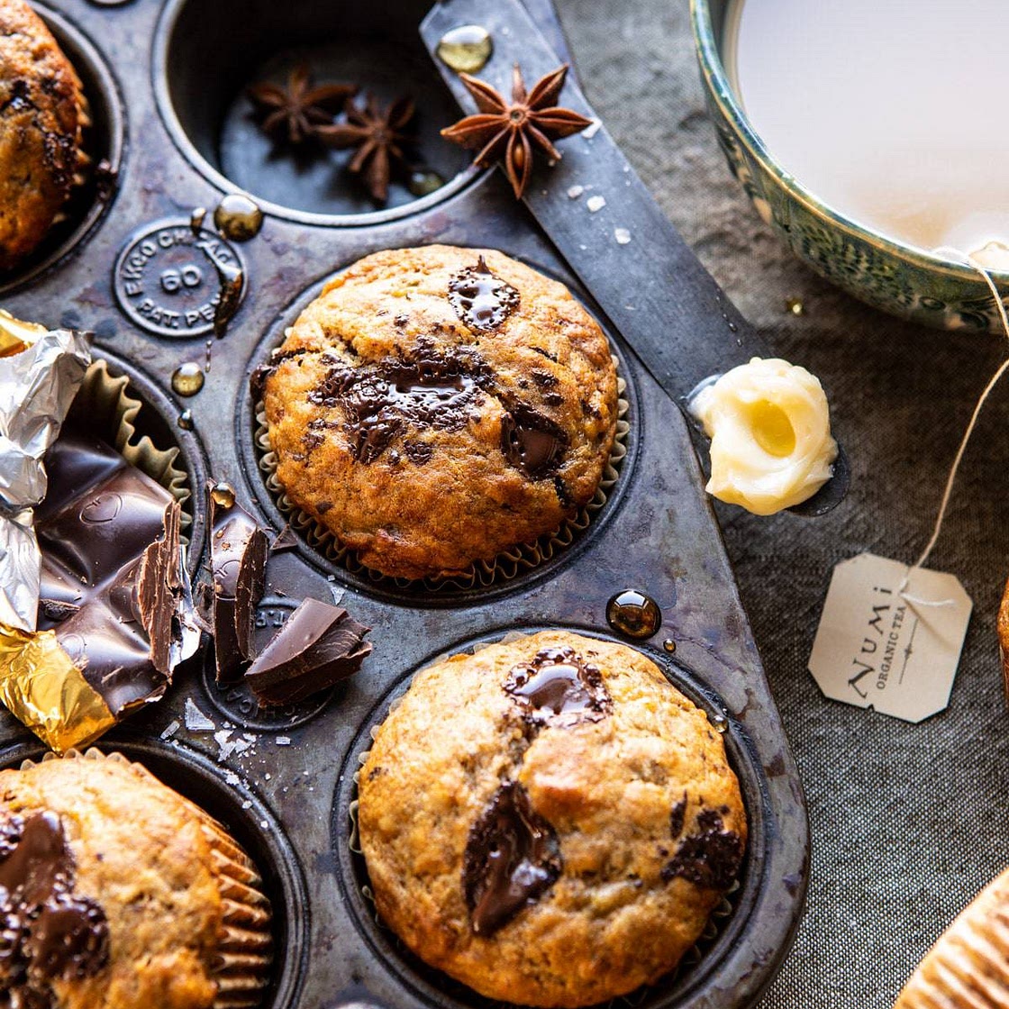 One Bowl Chocolate Chunk Chai Banana Muffins