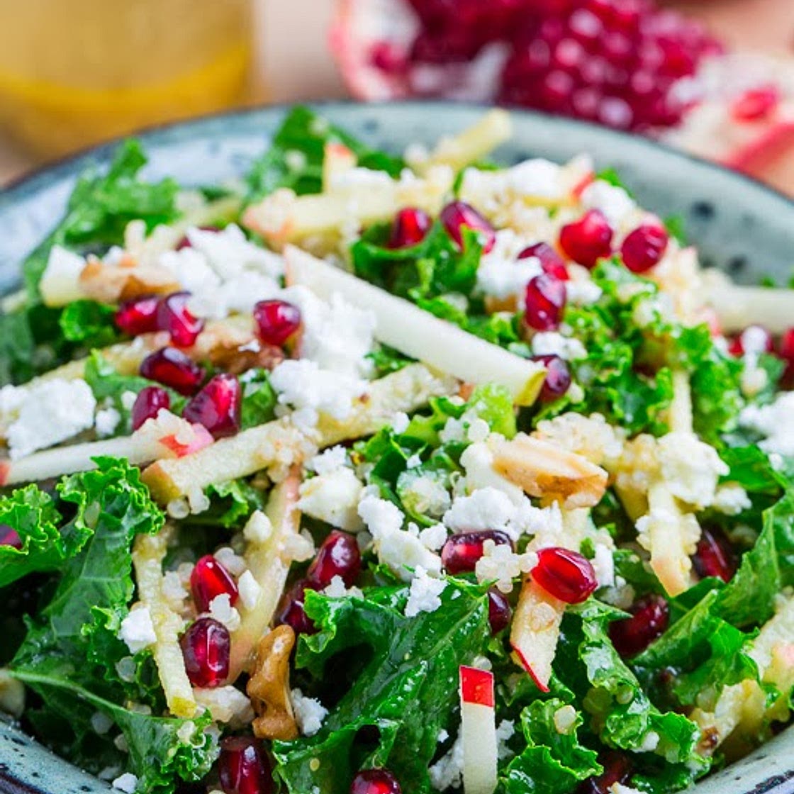 Apple and Pomegranate Quinoa and Kale Salad with Feta in a Curried Maple Dijon Dressing
