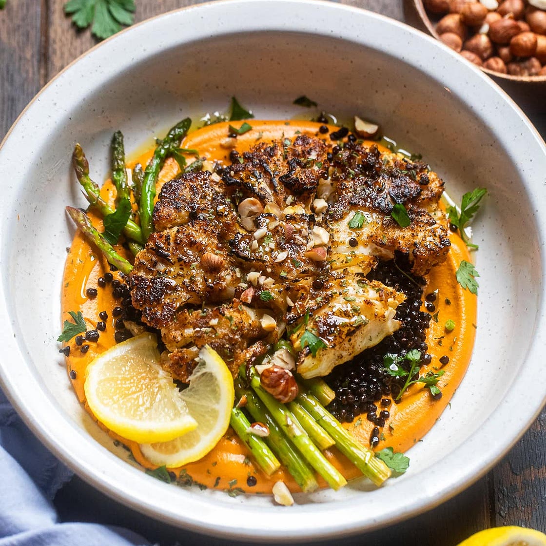 Creamy Romesco Sauce with Spiced Cauliflower and Crunchy Lentils