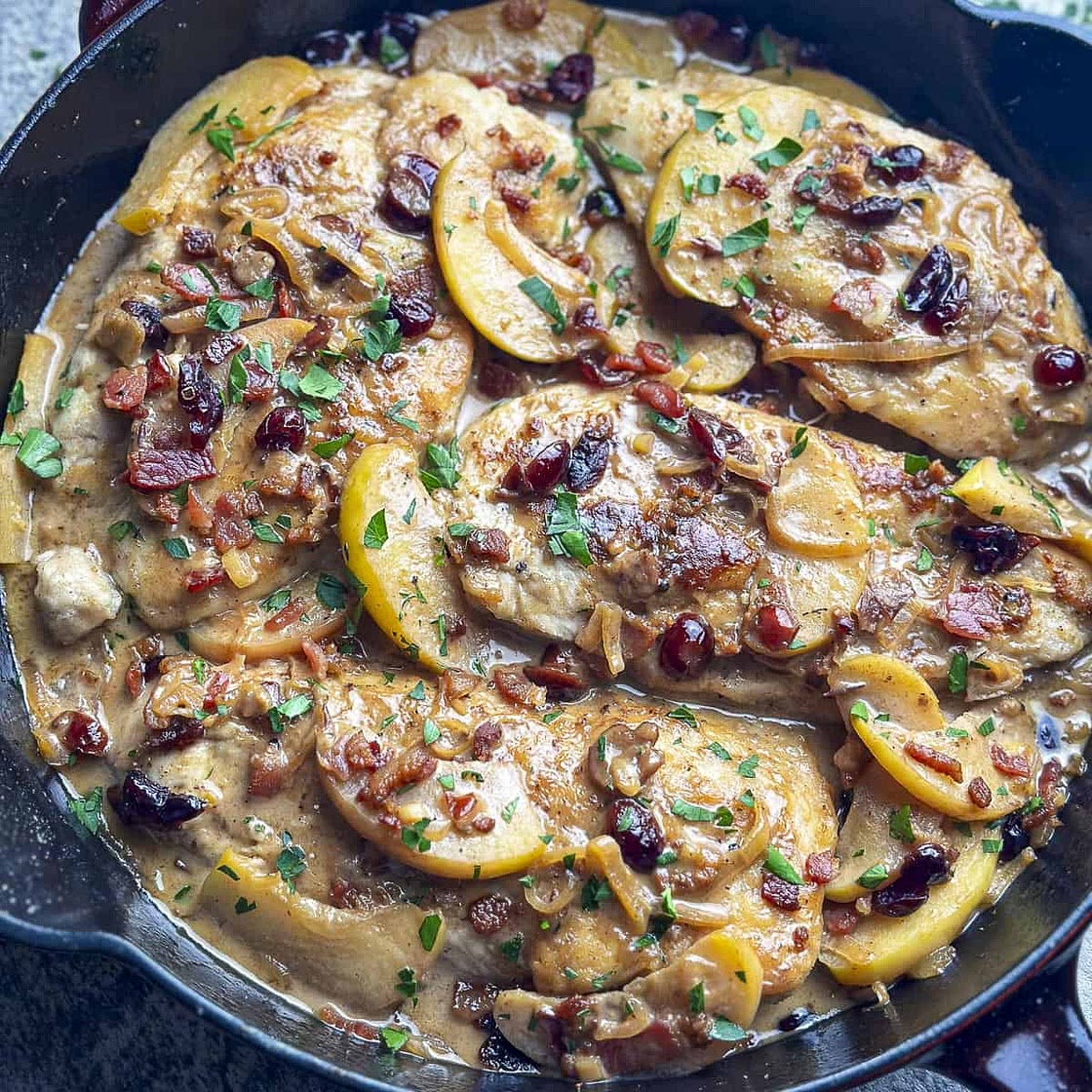 Creamy Cider Chicken with Apples Cranberries and Bacon