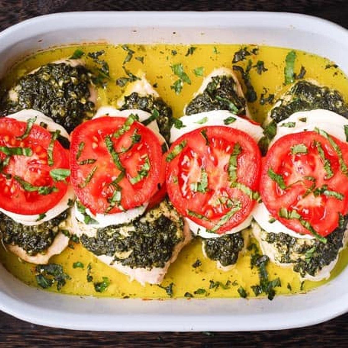 Basil Pesto Tomato Mozzarella Chicken Bake
