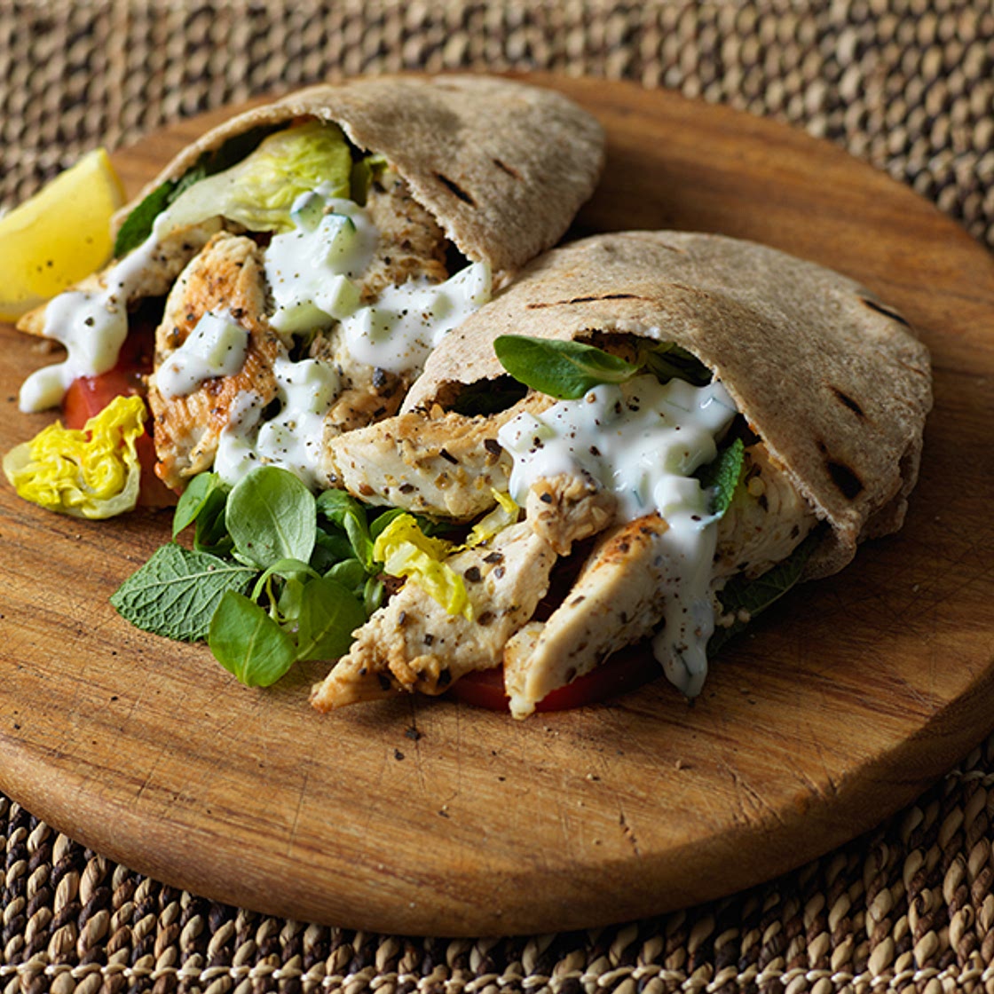 Greek-style chicken pittas