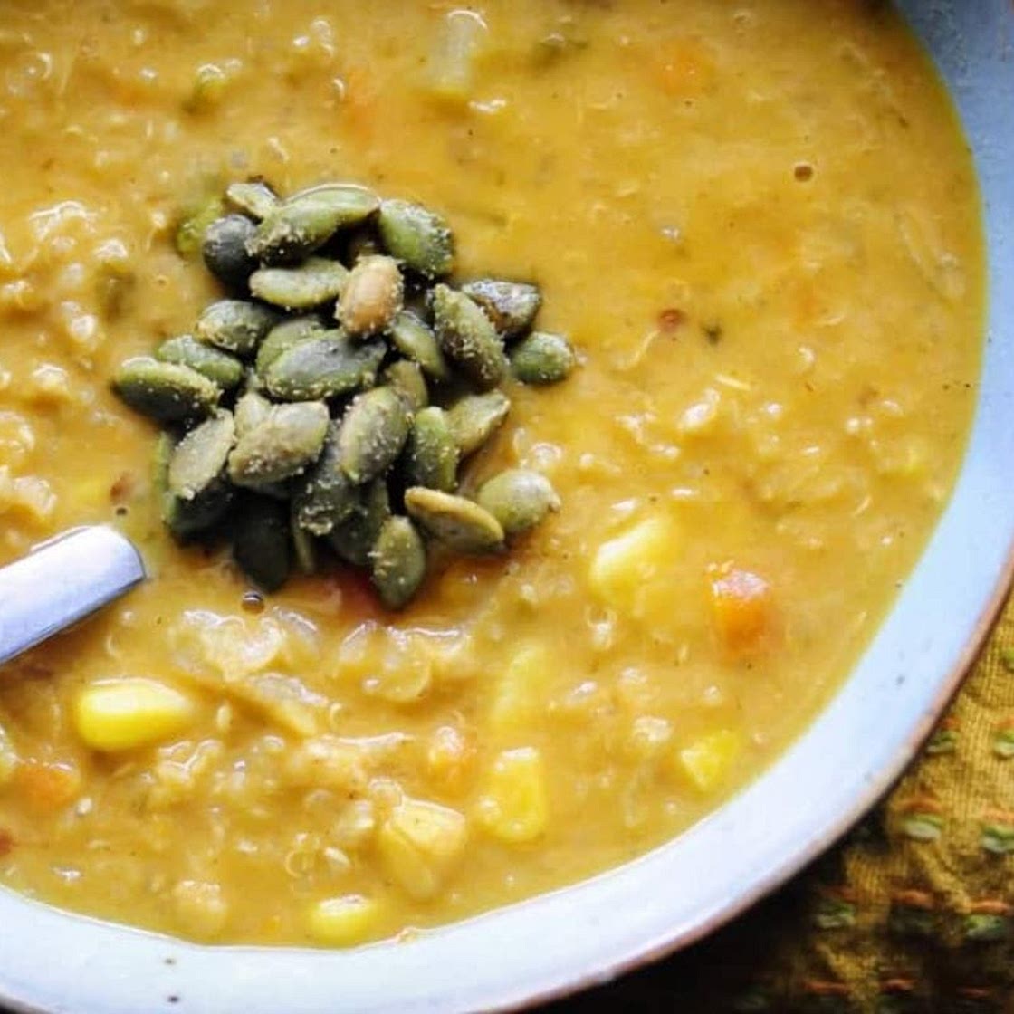 Spicy Southwestern Vegan Corn Chowder with Quinoa, Potatoes + Red Lentils