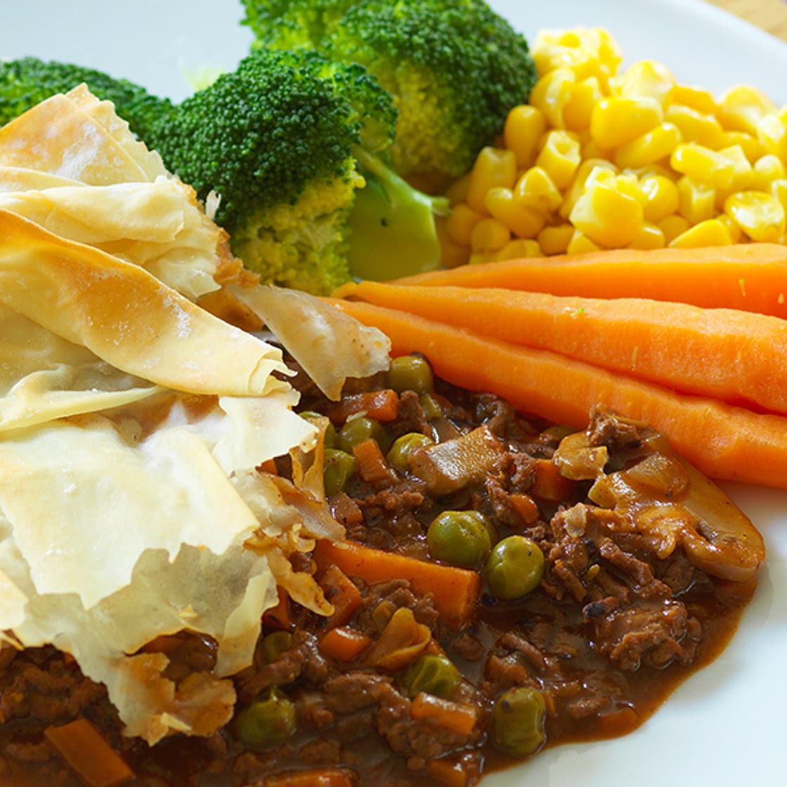 Minced beef and vegetable filo pie