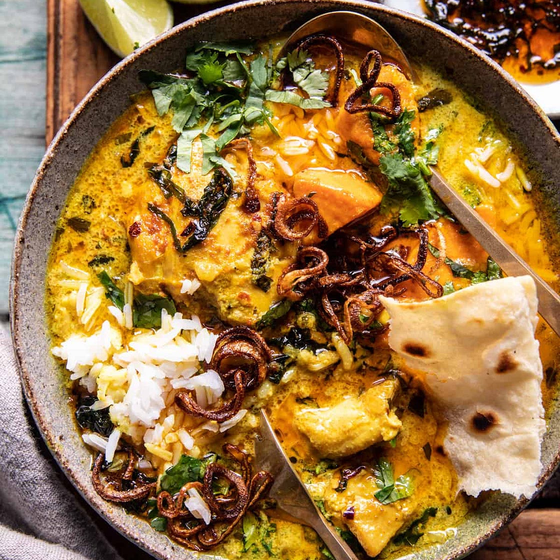 Crockpot Coconut Chicken Curry with Crispy Shallot Basil Oil