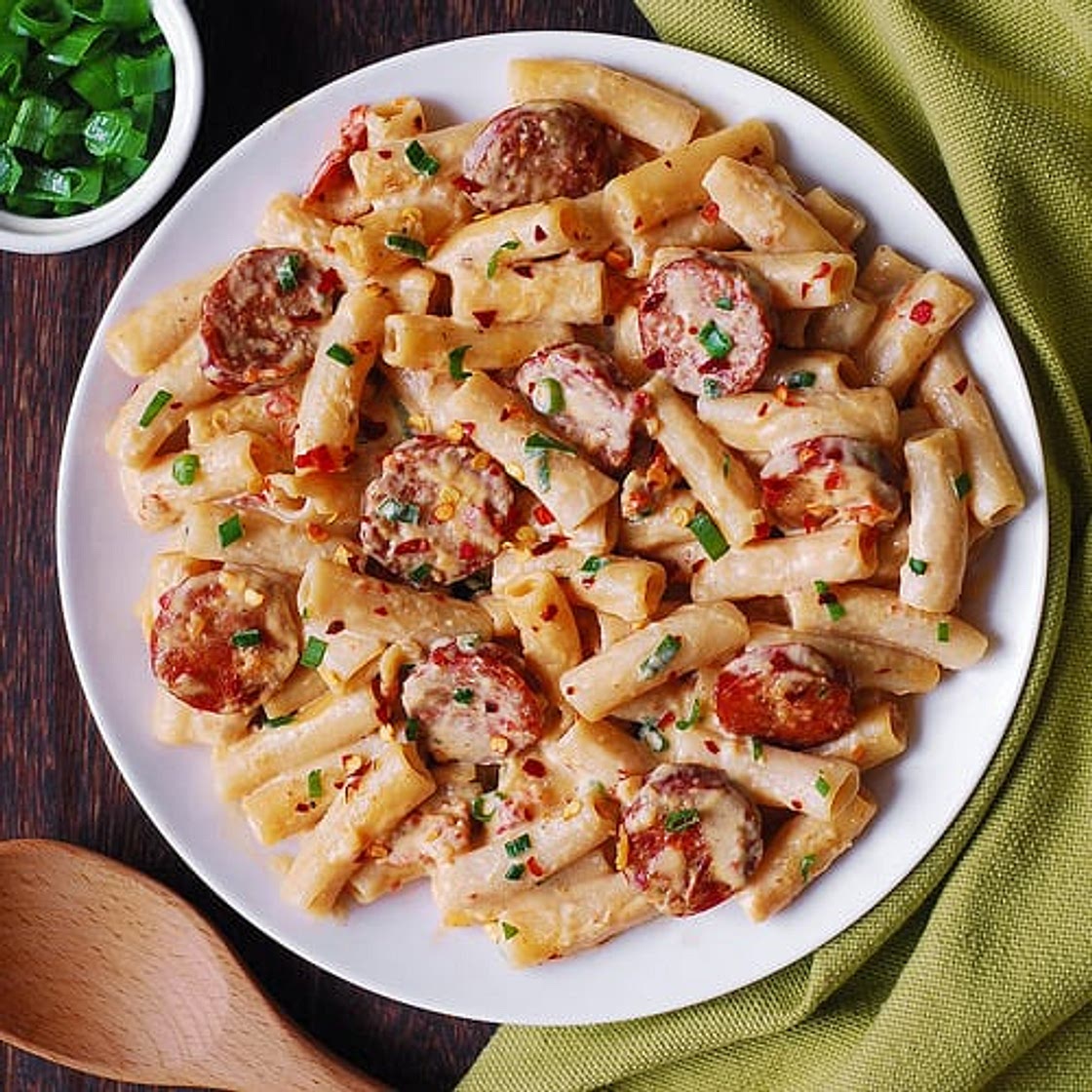 Creamy Mozzarella Pasta with Smoked Sausage