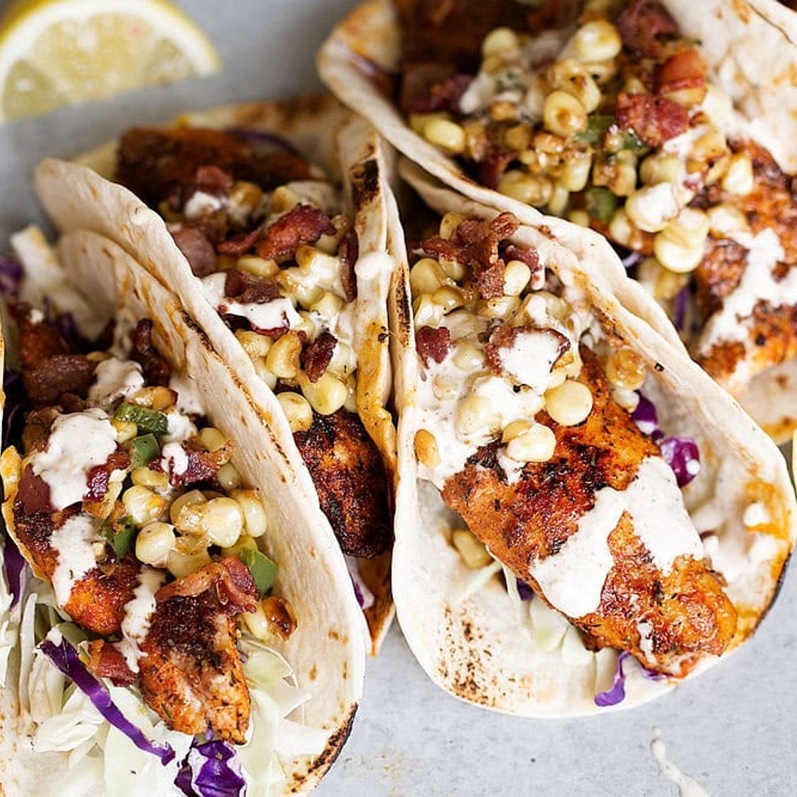 Southern Blackened Catfish Tacos with Fried Corn & Old Bay Aioli