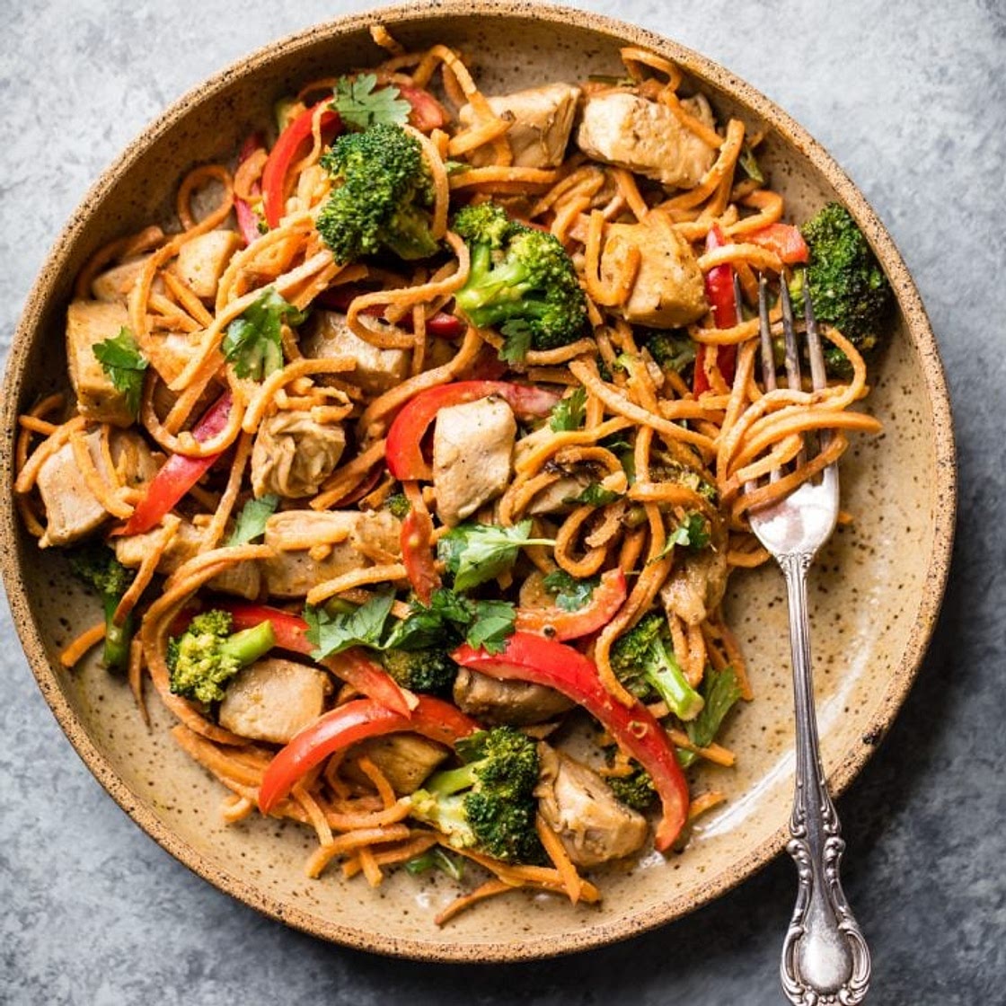 30-minute Spicy Thai Peanut Chicken & Sweet Potato Noodle Stir Fry