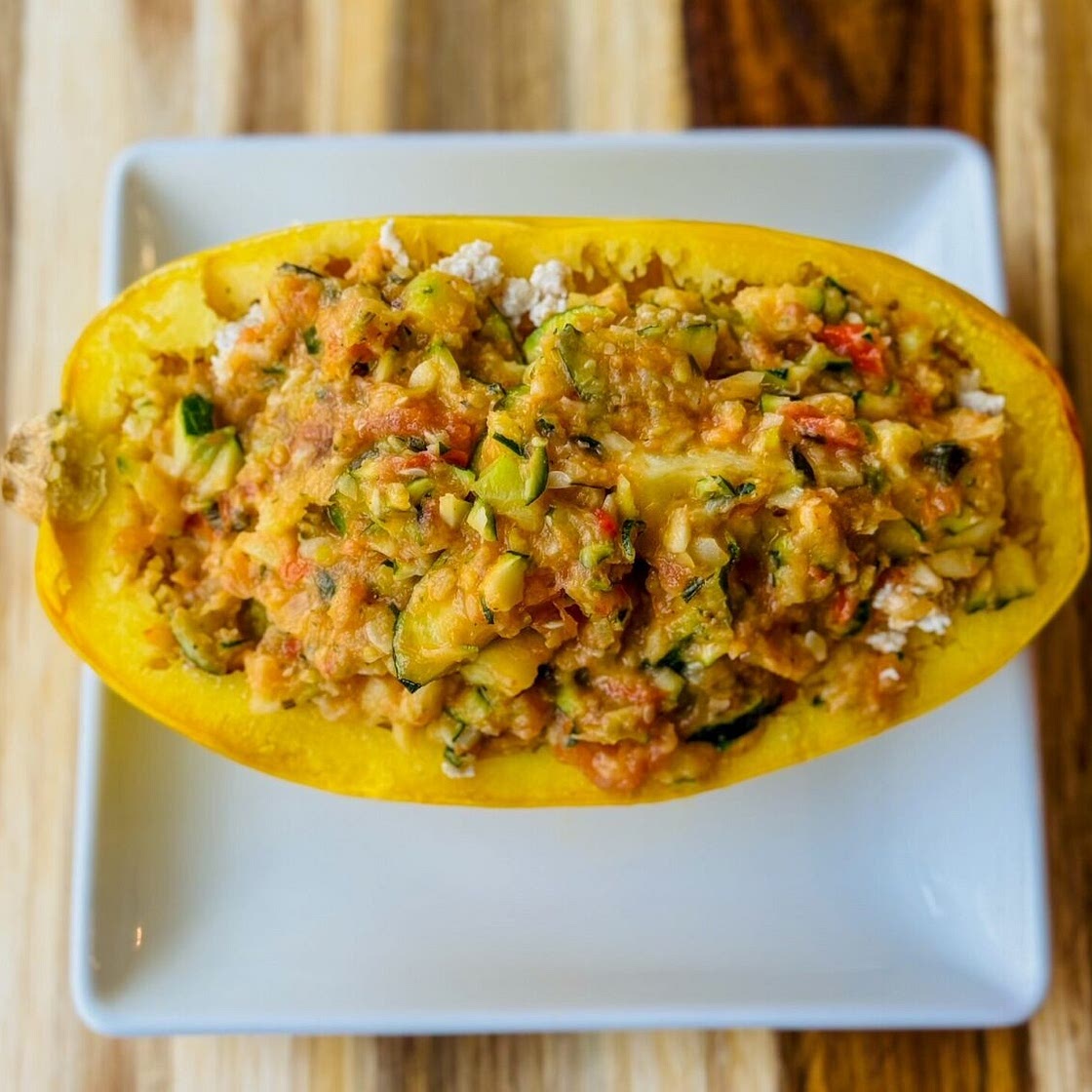 Loaded Turkey Spaghetti Squash with Roasted Veggie Sauce