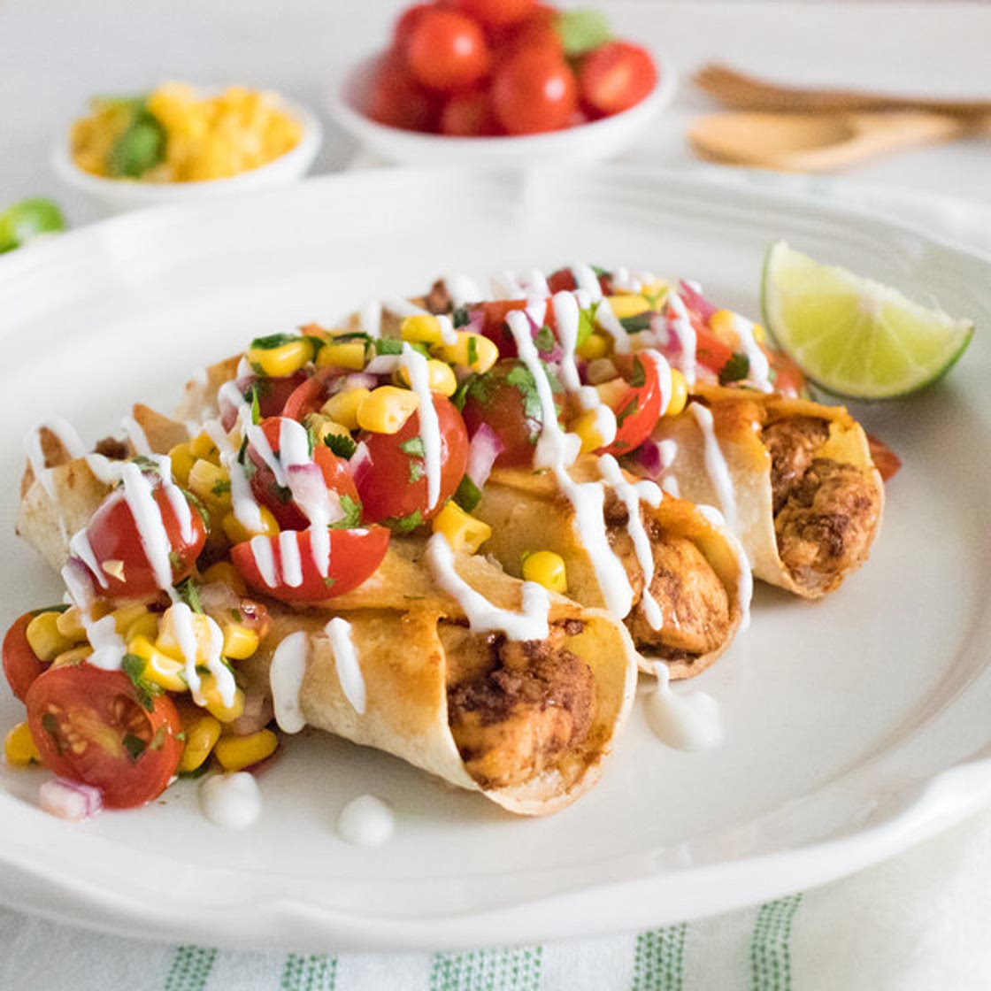 Cheesy Chicken Taquitos with Pico de Gallo Corn Salad & Yogurt Crema