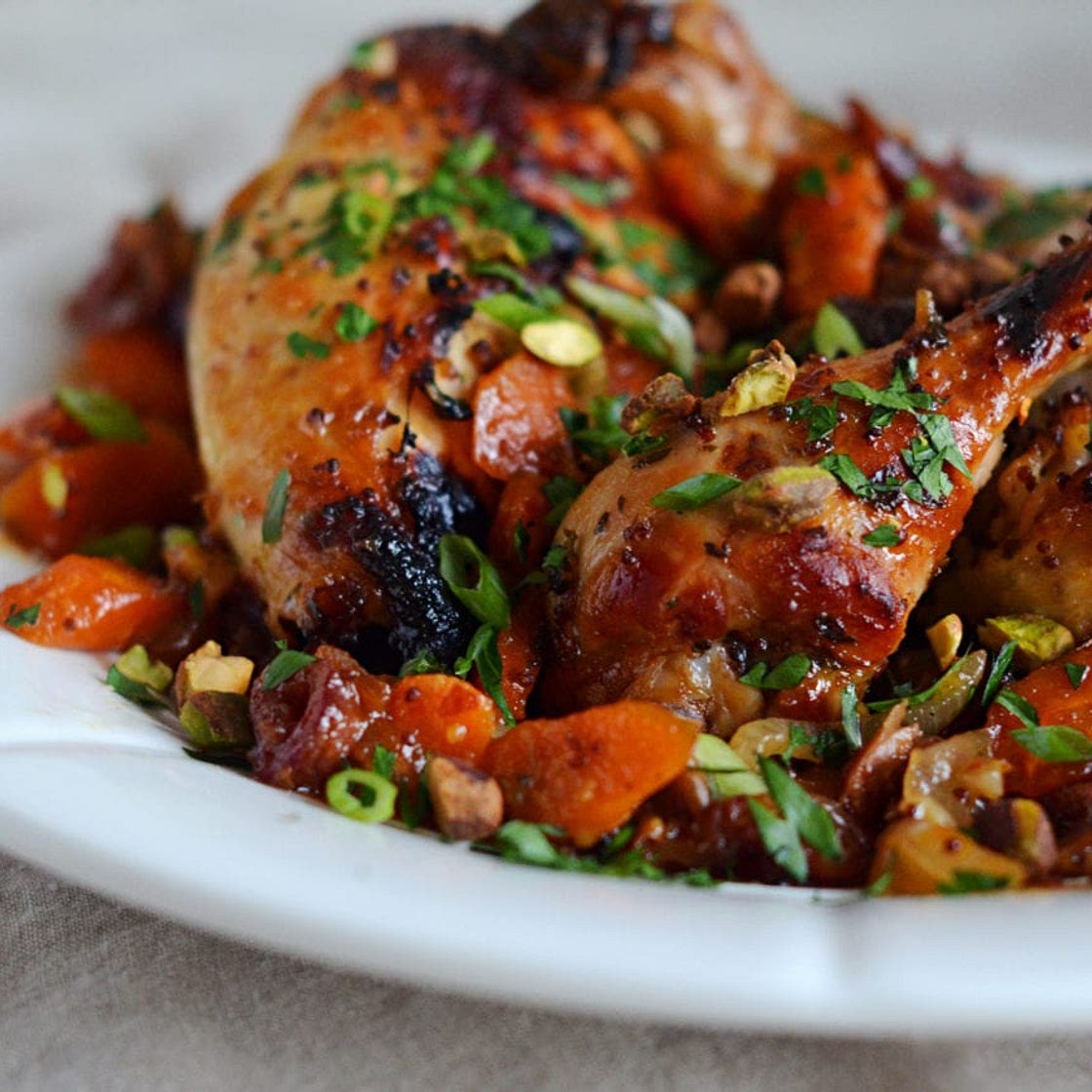 Sweet & Spicy Roast Chicken with Carrots, Dates & Pistachios