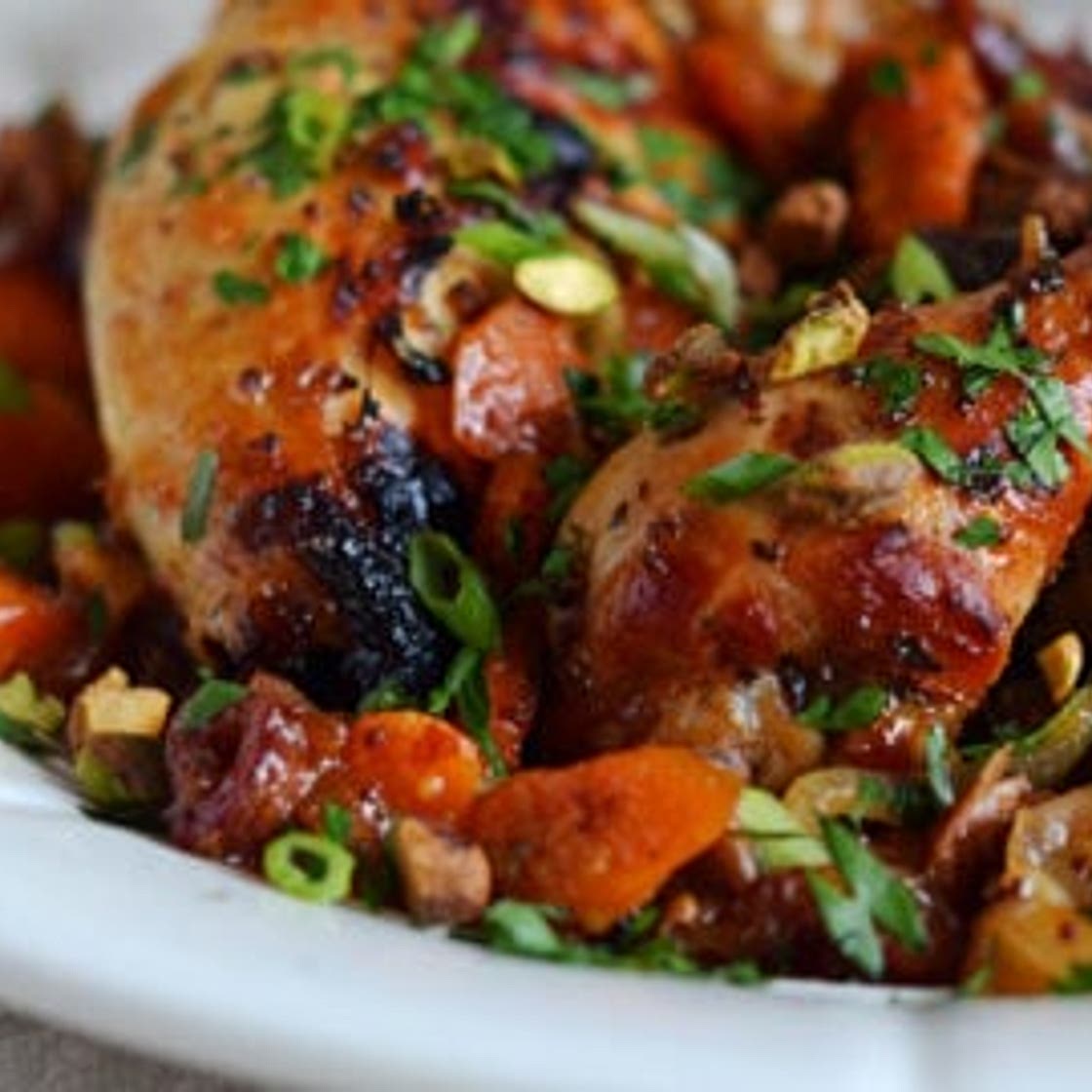 Sweet & Spicy Roast Chicken with Carrots, Dates & Pistachios