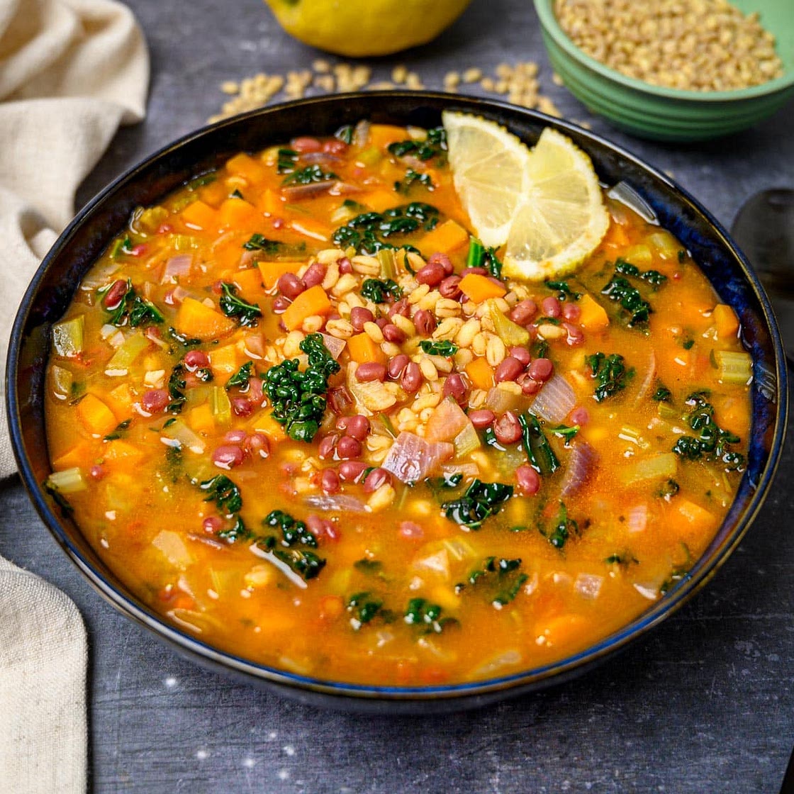 Adzuki Beans Soup with Pearl Barley and Kale