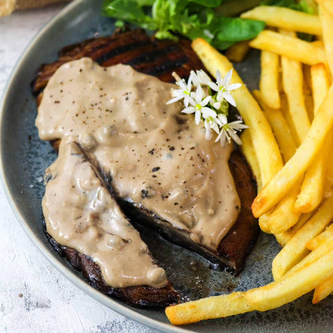 Grilled Portobello Mushrooms with Brandy & Peppercorn Sauce