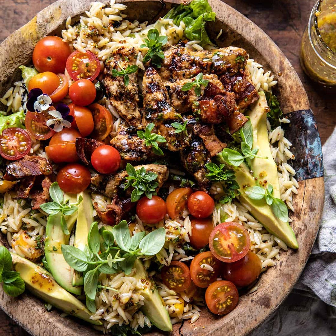Grilled Lemon Herb Chicken Avocado Orzo Salad with Honey Mustard Bacon Dressing