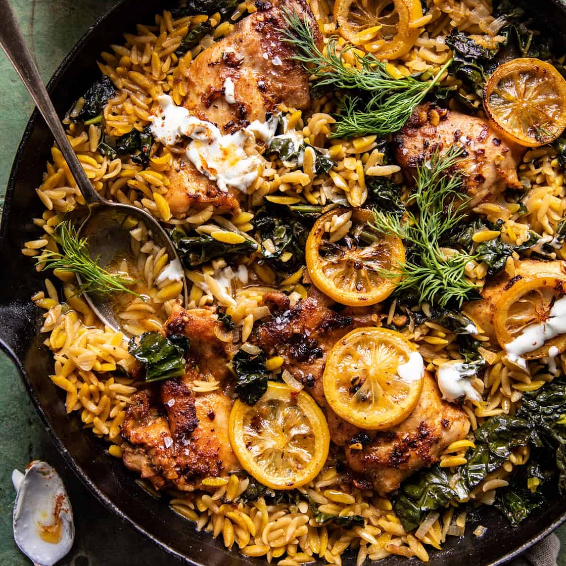 One Skillet Lemon Butter Dijon Chicken and Orzo with Feta Sauce